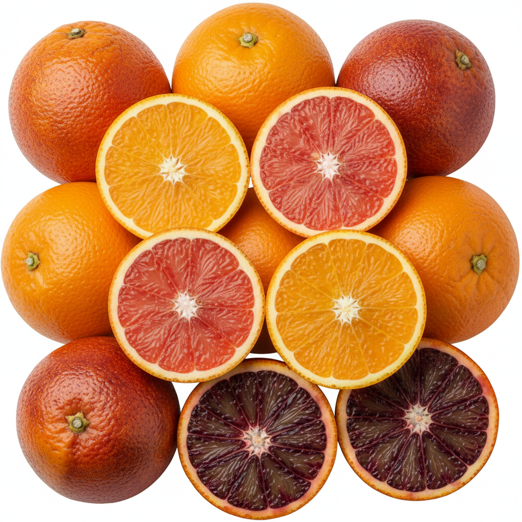 4 oranges cara cara (Rose) + 4 orages navel (orange) + 2 oranges sanguine (rouge) en format carré sans background